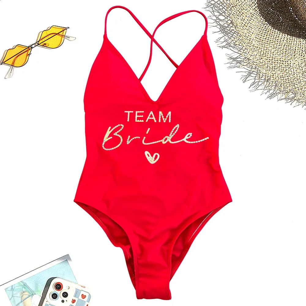 Team Bride Swimsuit With Gold Rehinstone OnePiece Bridal Swimwear Women Bachelor Party Bathing Suit Beachwear Strappy Swim 260625 - view 4