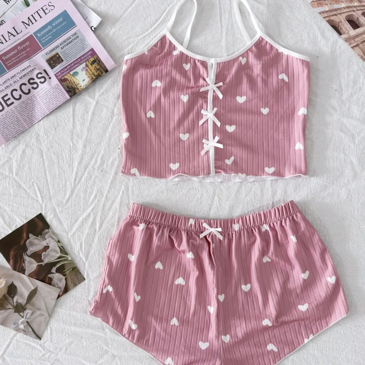 Summer Heart Print Sexy Ribbed Bow Decor Pajama Set for Womens Sleepwear Comfortable Crop Cami Top Shorts Loungerwear 260626 - view 4