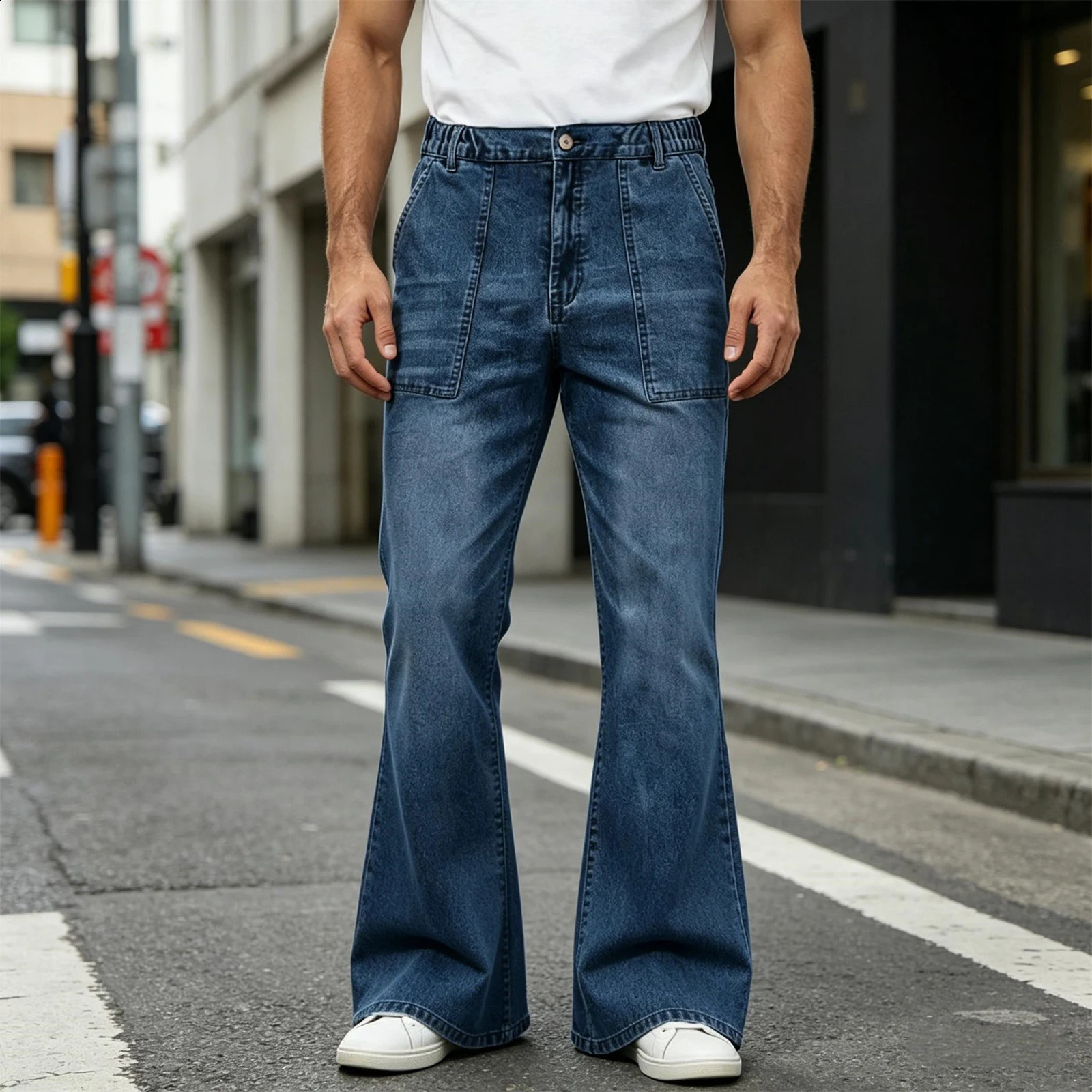 Mens Y2k Vintage Denim Flare Long Pants Fashionable Casual Solid Color Elastic Waist Bell Bottom Jeans with Front Pockets 260625