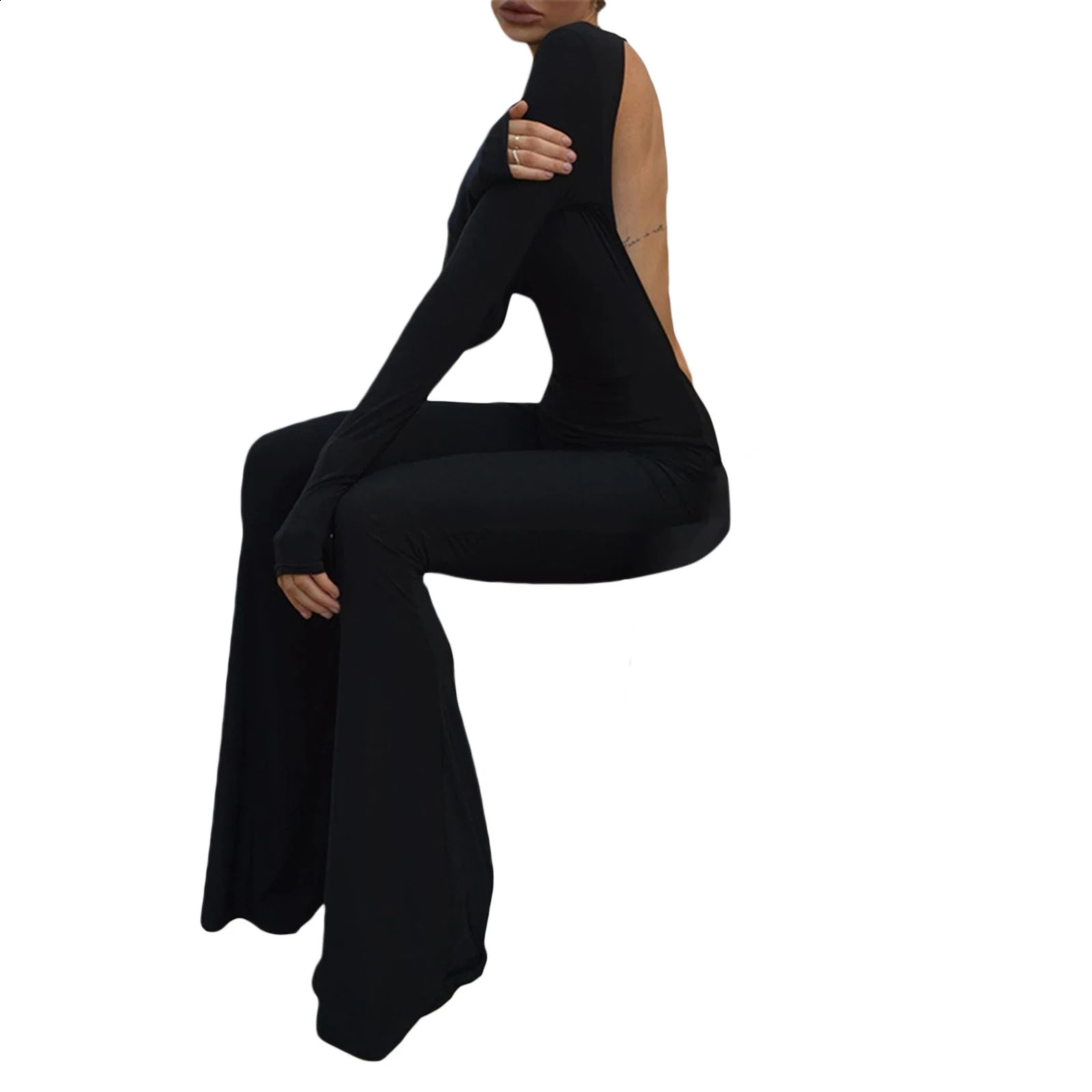 Fashion Women Flare Leg Jumpsuit Long Sleeve Backless Solid Color Bodycon Romper Pants 260626 - view 4