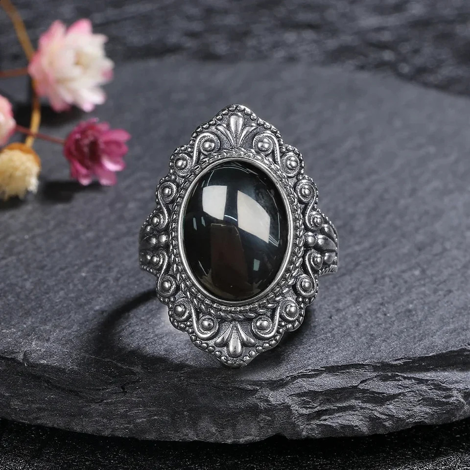 Retro Silver Plating Ring Oval Natural Labradorite Rings for Women Finger Gemstone Party Gift Jewelry 260625 - view 6