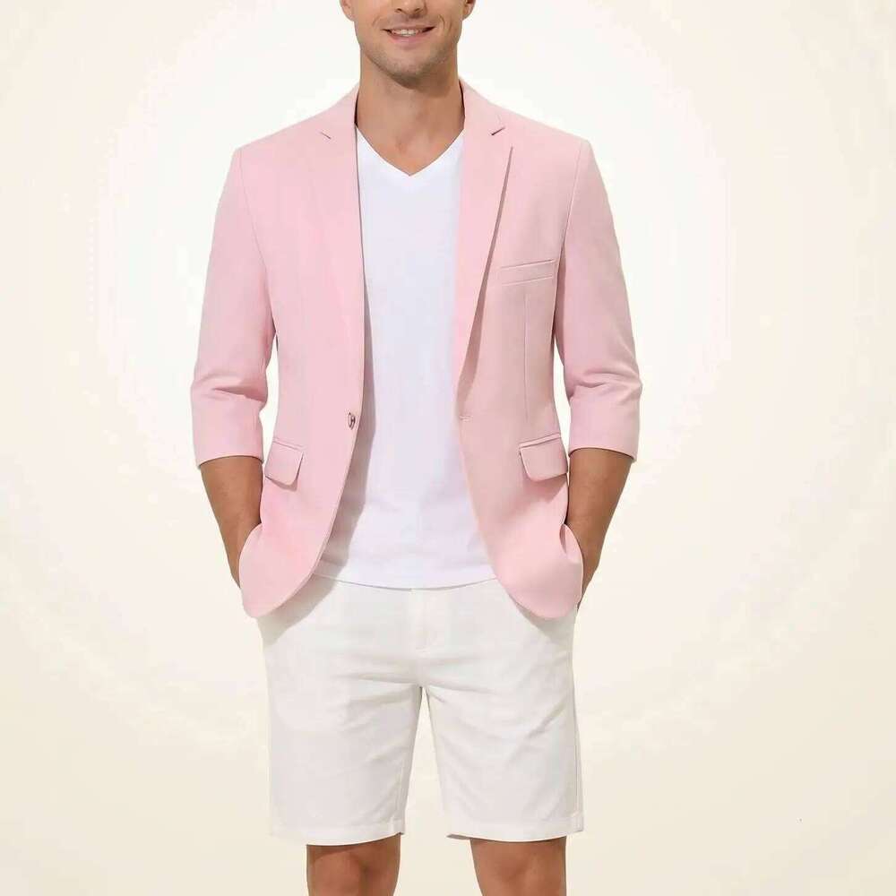 Men's Casual Seven-Quarter Sleeve Pink Suit Summer Leisure Fashionable Top with Pants Included 26L0626