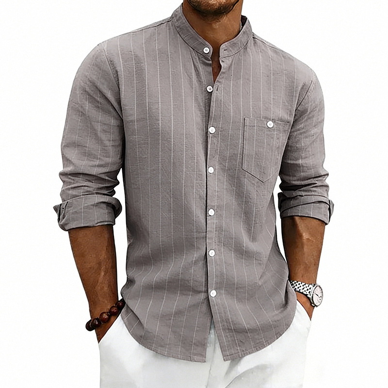 Mens Linen Stand Collar Striped Shirt Spring and Autumn Casual Commuting Trendy Slim Fit Long Sleeve Shirt - view 4