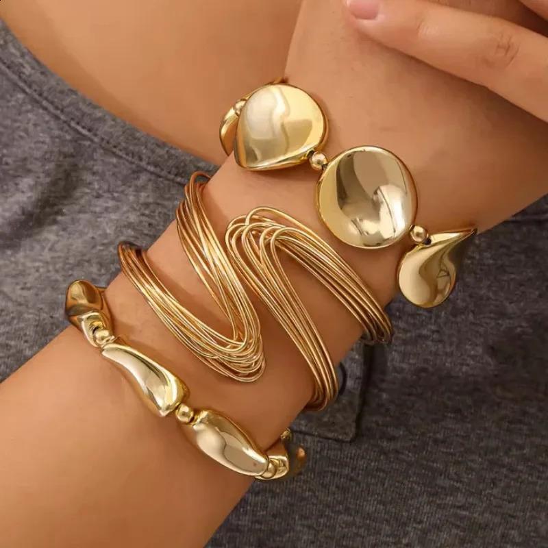 3 Pcsset Geometric Twisted Lines Irregular Shaped Open Cuff Bracelet and Bangle Set for Women Punk Exaggerated Style Accessor 260623 - view 6