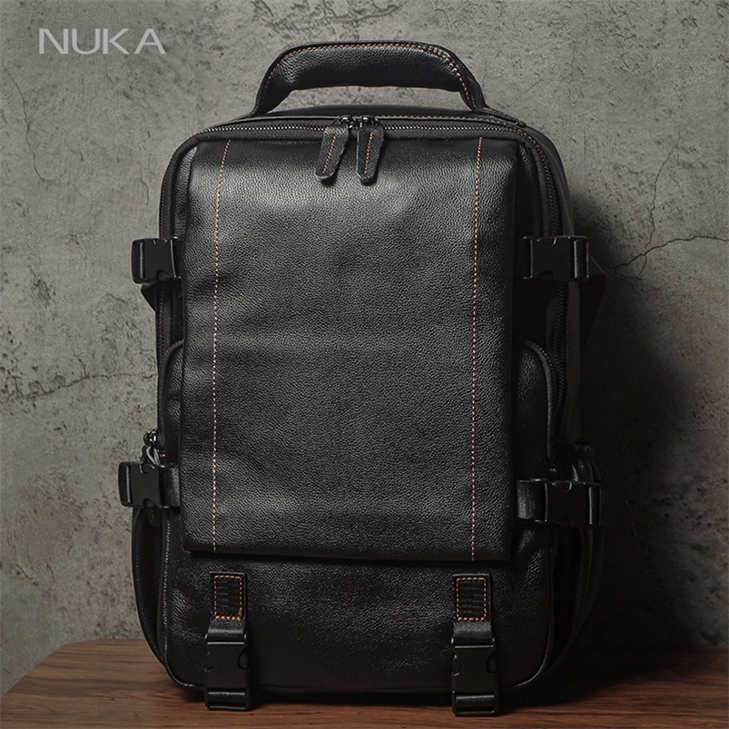 Men Top Grain Leather Backpack 15 Inch Laptop Bag For Daily Commute Travel Outdoor Hiking Genuine Durable Rucksack y260615