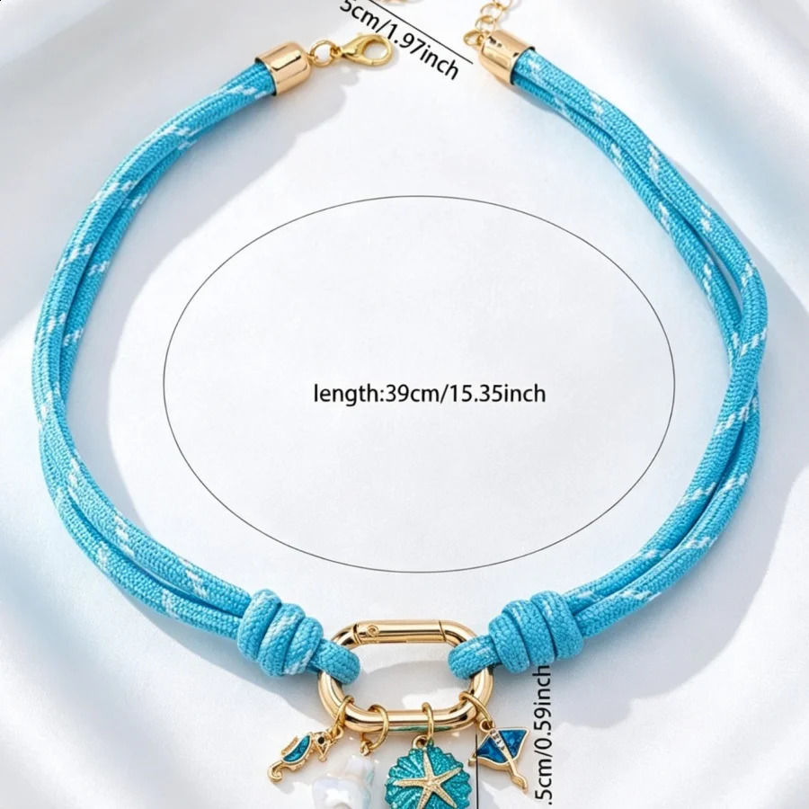 Fresh Summer Blue Braided Cord Choker Necklace Women Ocean Resin Enamel Starfish Seahorse Pendant Beach Vacation Fashion Jewelry 260626 - view 6