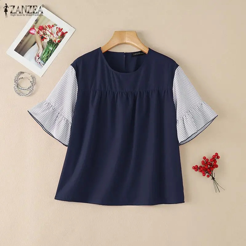 ZANZEA Women Summer Patchwork Blouse Stylish Short Ruffled Sleeve Tops Female Elegant Work Shirt Casual Loose Holiday Tunic 2026 260626 - view 5