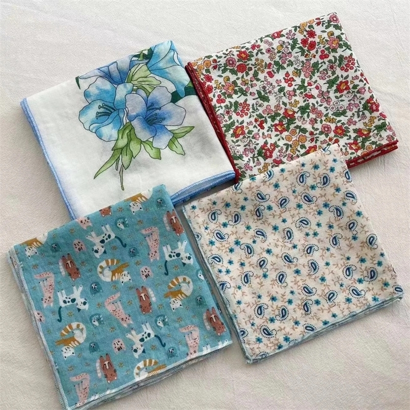 VREOVOR Autumn Floral Cotton Small Square Scarf Female Korean Version Thin Versatile Neck Protection DecorativePure 260617