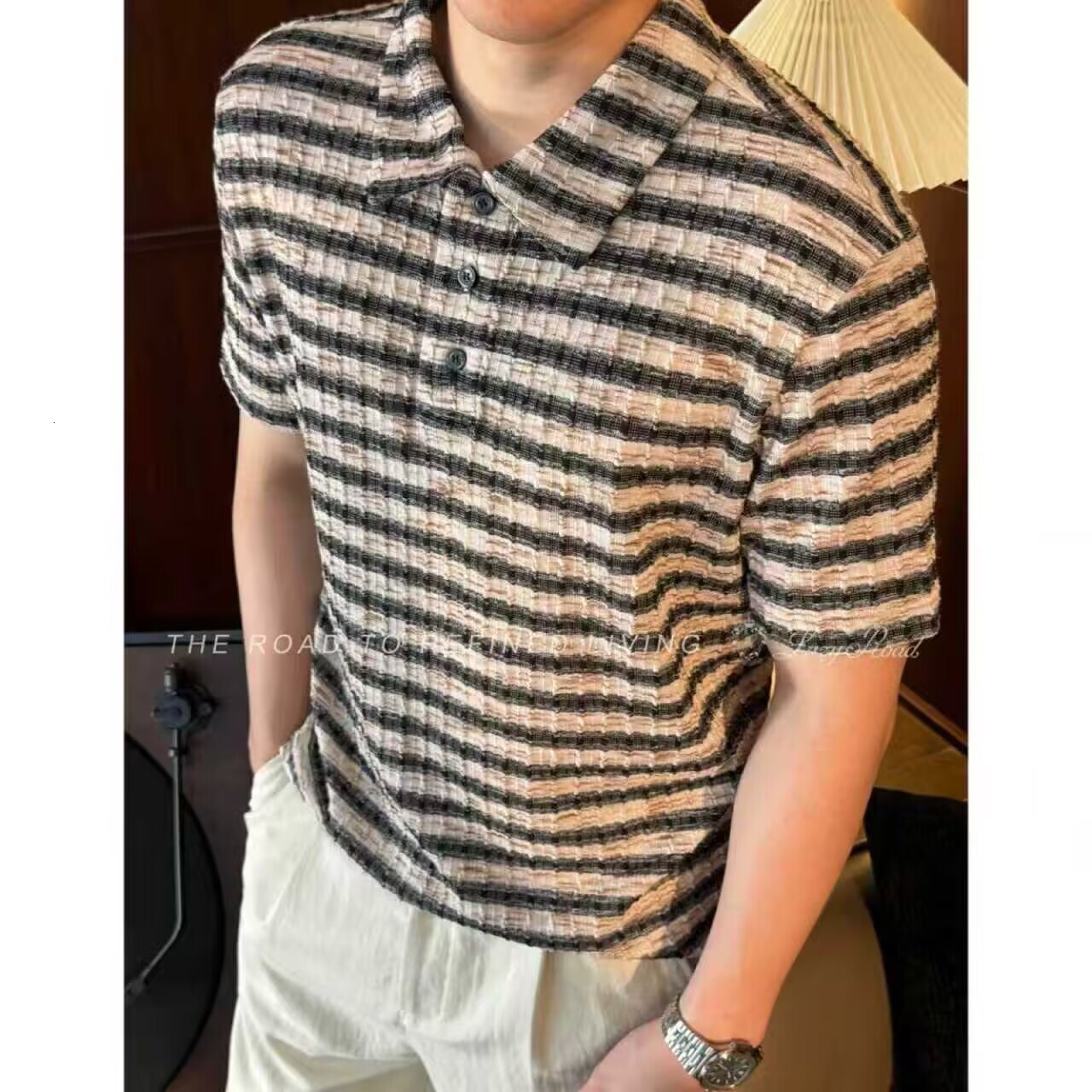 Striped Turn-Down Collar Short-Sleeve Polo Shirt For Men, Summer Versatile Casual Fashion Simple High-End T-Shirt - view 5