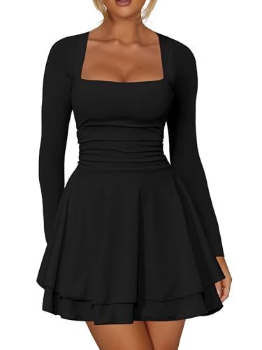 2026 Womens Fashionable Square Neck Long Sleeve Slim Dress Short Skirt Beach Vacation Dress - view 8