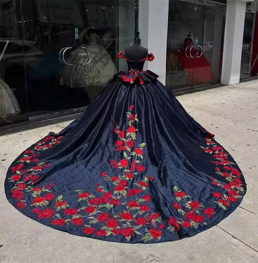 Navy off-shoulder dress with red roses, layered ruffles, and long train, matching necklace, Quinceanera vintage dress - view 4