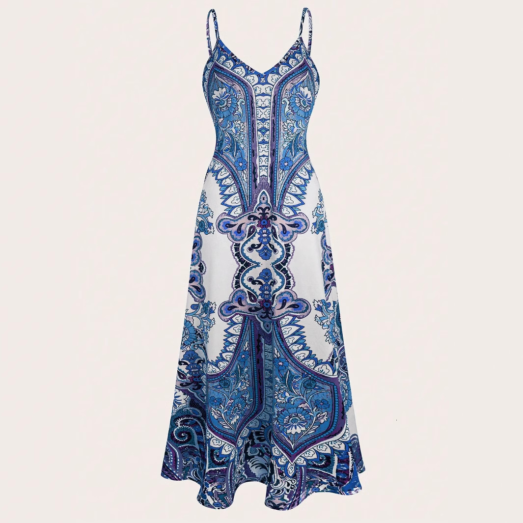 Blue and white porcelain print womens summer seaside vacation beach dress loose-fitting figure-flattering sun-protective strapless long dress - view 5