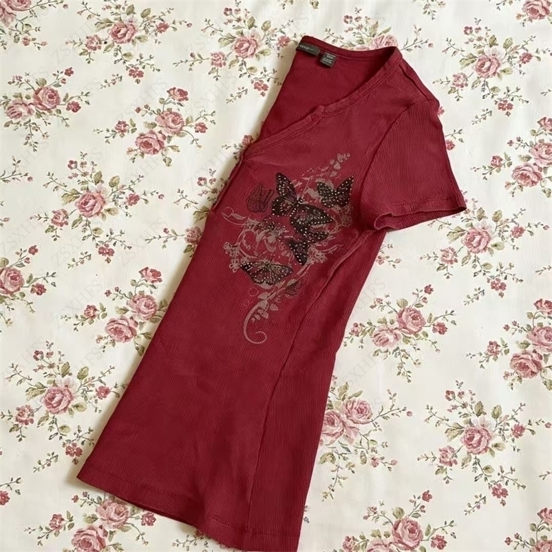 Y2k Red T shirt Aesthetic 2000s Girl Top Chic Vintage Clothes Slim Short Sleeve Summer Grunge Tees 260625 - view 3