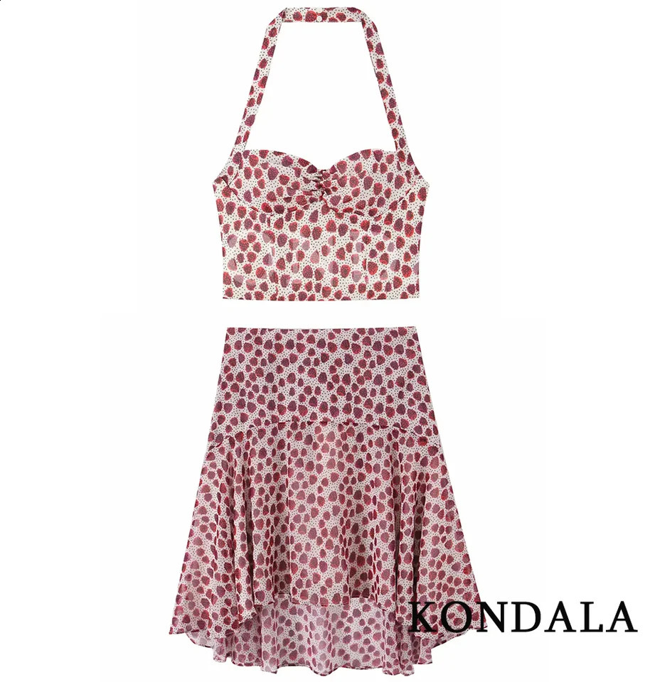 KONDALA Women Holiday Beach Print Trendy Skirt Set Backless Halter Top Midi Fashion 2026 Spring Summer Date 260626 - view 6