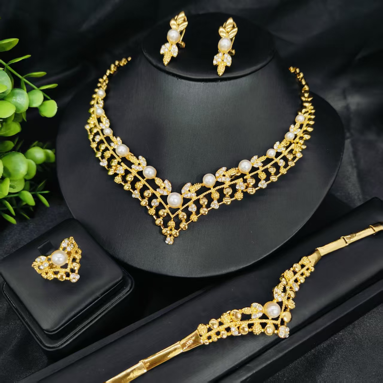 Indian Dubai Luxury Pearl Necklace And Earrings Sets For Women Ethiopian Bridal 24k Gold Color Jewelry Set Wedding