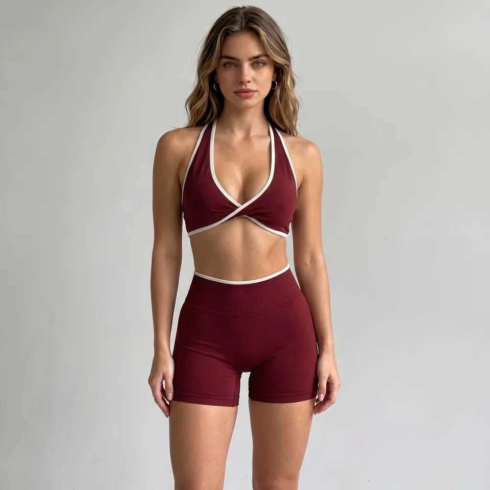 Set Womens Seamless Sexy Yoga Splicing Gathering Sports Vest High Elasticity Hip Lifting Fitness Set Running Suit Gym Outfit M260626 - view 5