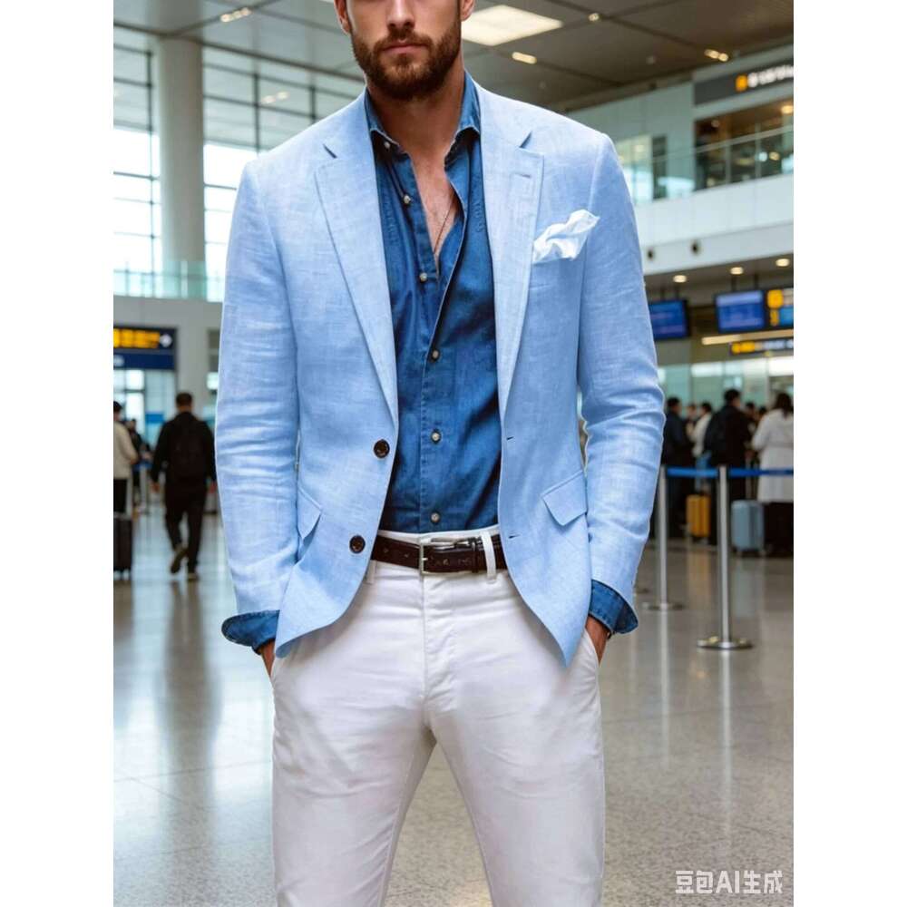 Beige/Blue Linen Men Two Buttons Jackets Business Casual Suit One Coat New Spring Summer Formal Wear Slim Fit Blazer 26L0626