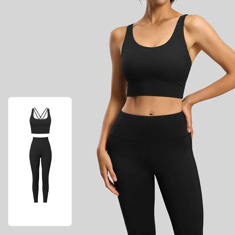Cross Women Ribbed Yoga Set High Waist Leggings 2 Piece Yoga Set Tummy Control Butt Lifting Moisture Wicking Gym Set M260626 - view 3