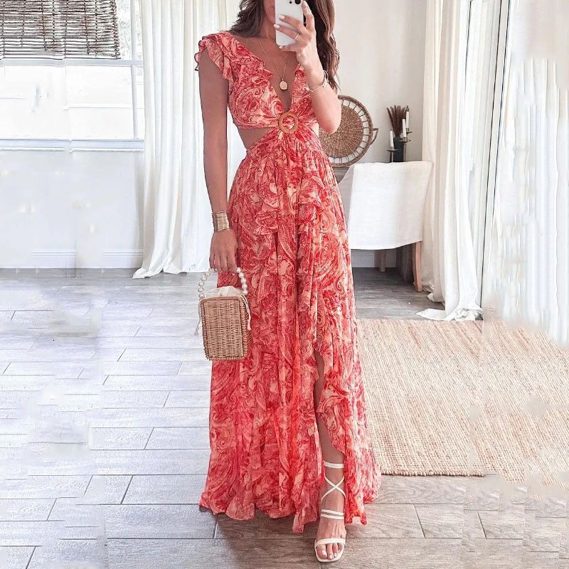 2026 Spring New Womens Fashion Printed V-neck Ruffle Hem Slit Dress - view 7