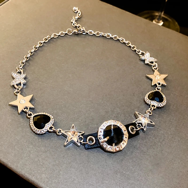 Silver Color Hollow Star Choker Necklaces For Women Long Tassel Rhinestone Pearl Chain Necklaces Statements Jewelry K- 260624 - view 6
