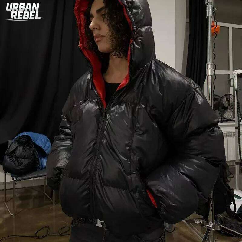 Men Winter Warm Puffer Parkas Back Print Hooded Down Oversized Windproof Couple Bubble Coat Black White Y2k Outwear Jacket W260626