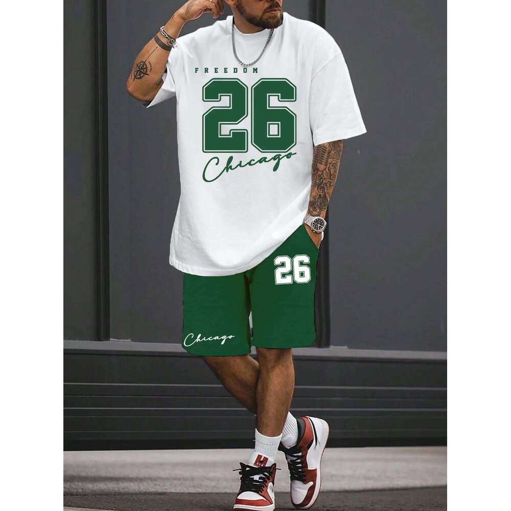 Short-sleeved summer men's suit simple fitted T-shirt letter print with the same printed shorts two-piece set 26Y0626 - view 4
