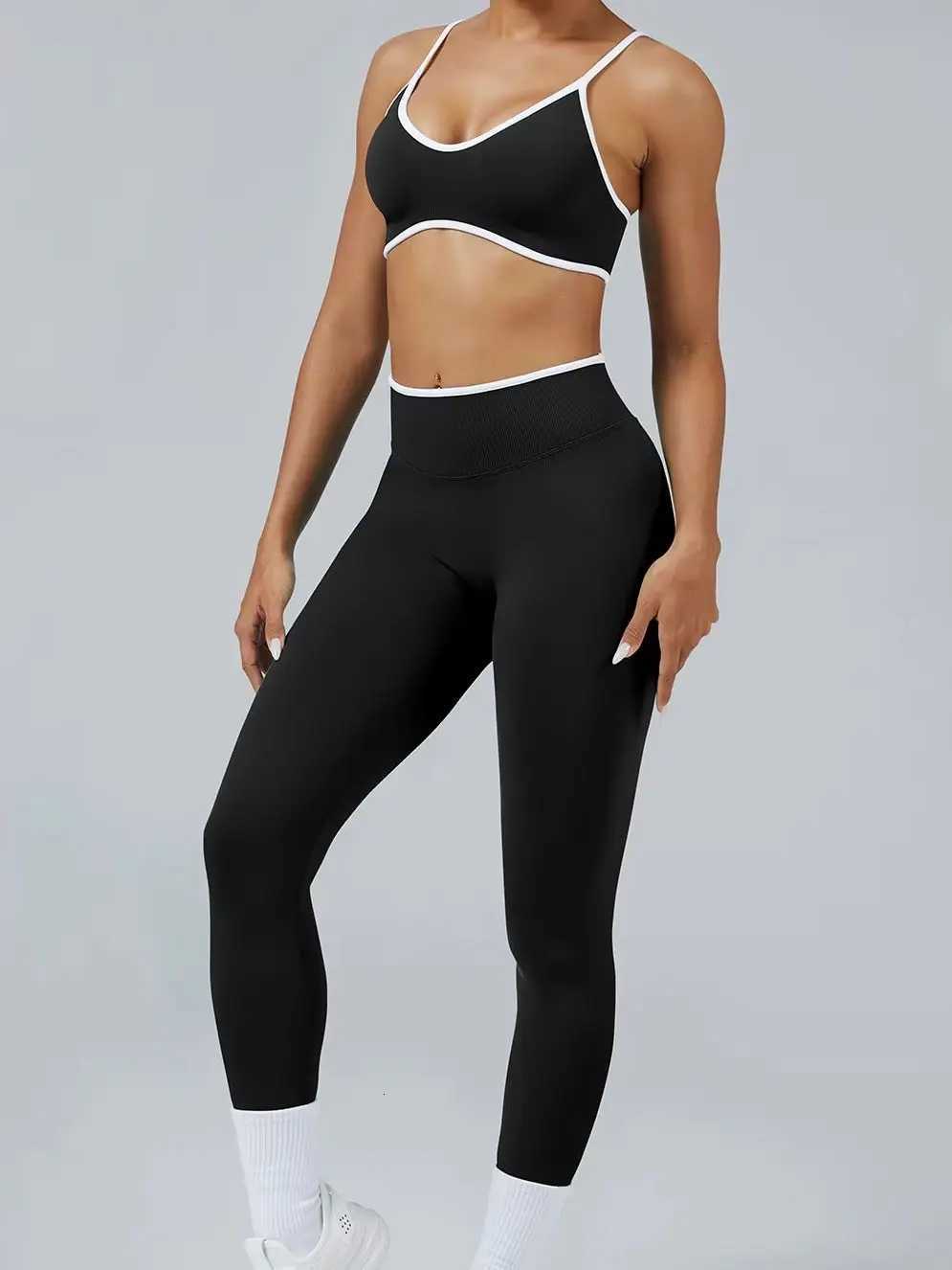 Set Womens Color Block Yoga Sports Bra High Waisted Shorts Butt Lifting Tummy Control Workout Gym Fitness Running Activewear M260626 - view 3