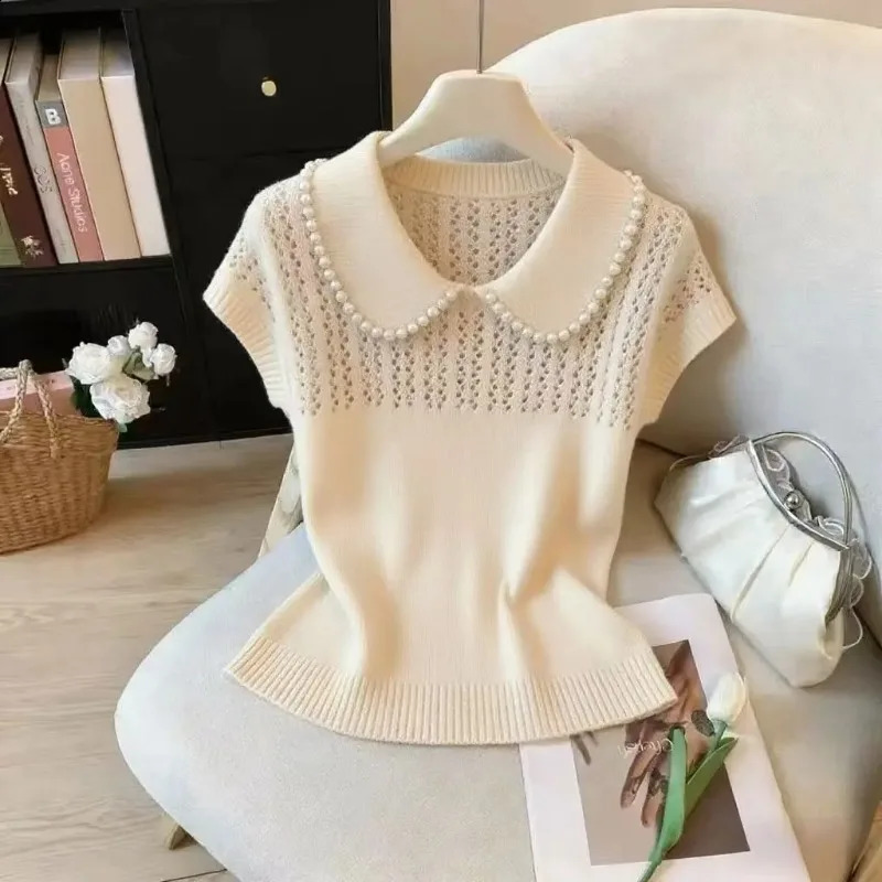 Fashion Summer Doll Collar Knitted Sweater Women Pullovers Short Sleeve Beading Knit Pullover Tops Knitwears Q4031 260626 - view 5