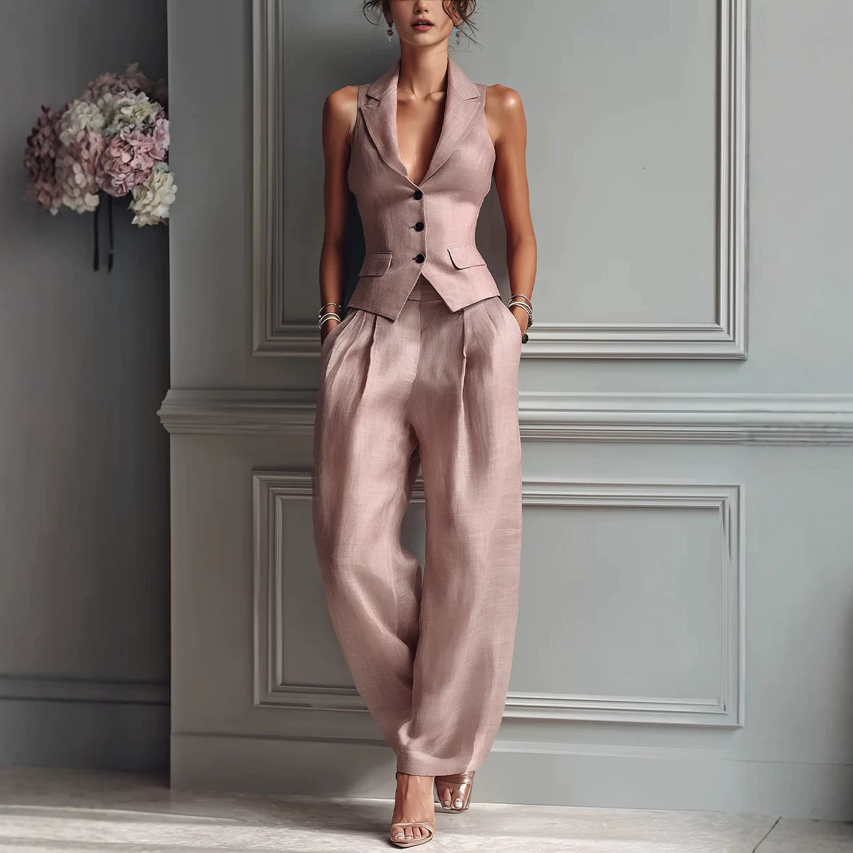 Cross-border Amazon 2026 Summer European American Style Fashion Versatile Lapel Single-Breasted Suit Vest and Casual Pants Two-Piece Set WONST - view 3