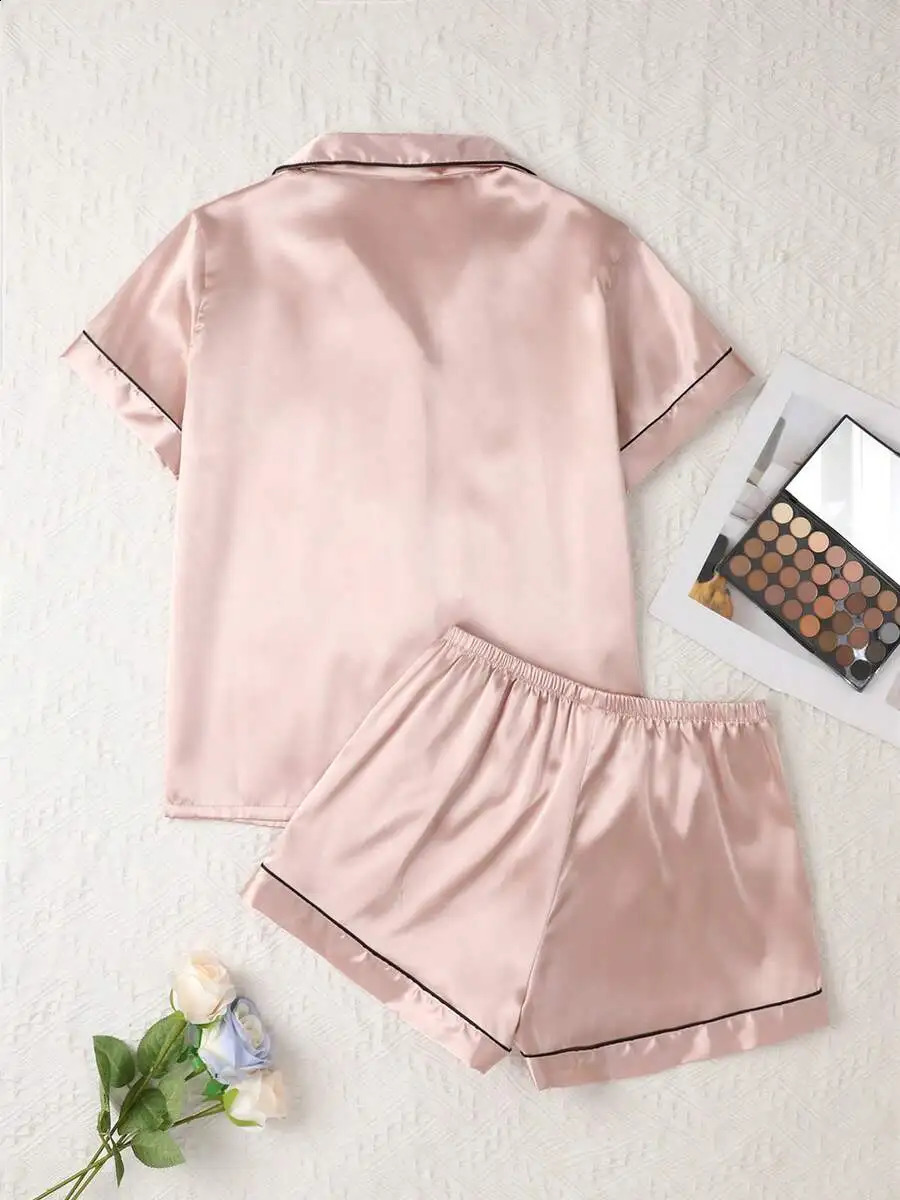 Elegant Women Champagne Solid Silk Pajama Set Short Sleeve Button Collar Top And Pants Soft Satin Sleepwear 260625