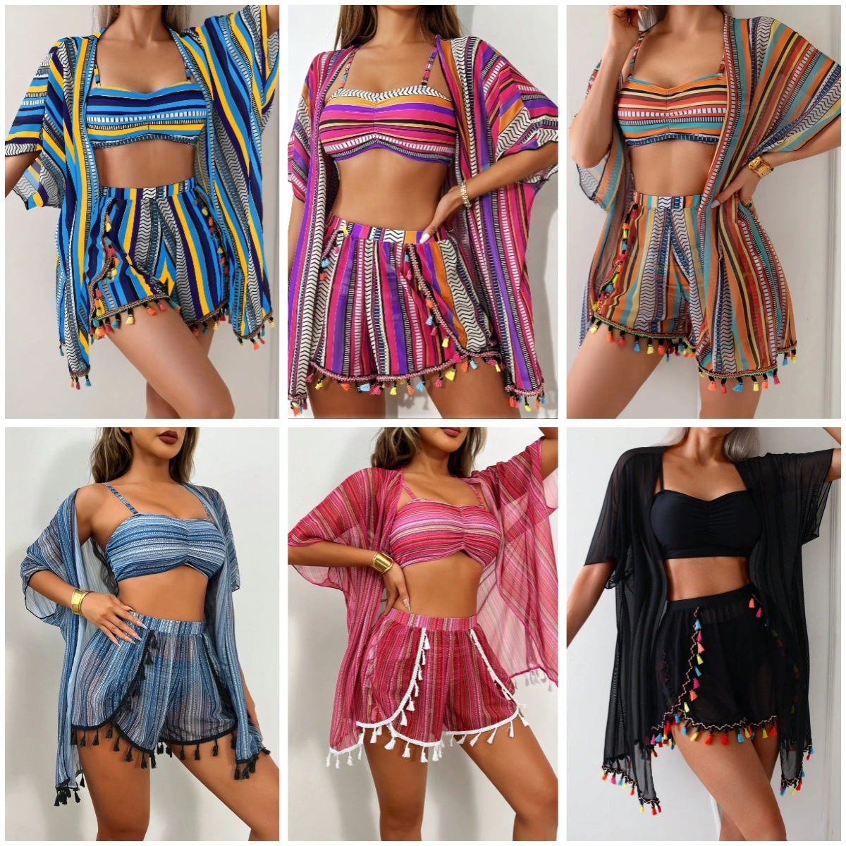 European, American, and Middle Eastern cross-border Amazon sun protection cover-up sexy tassel bikini four-piece swimsuit set