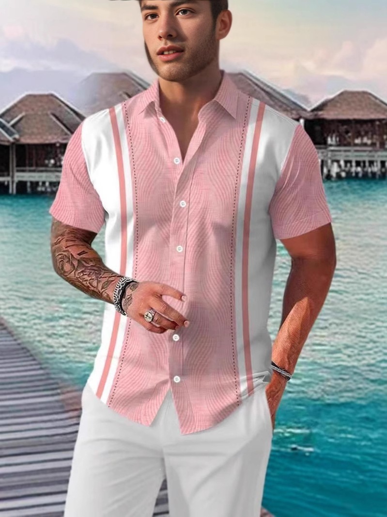 Mens Summer Thin Breathable Beach Striped Print Four-Way Stretch Short Sleeve Floral Shirt - view 8