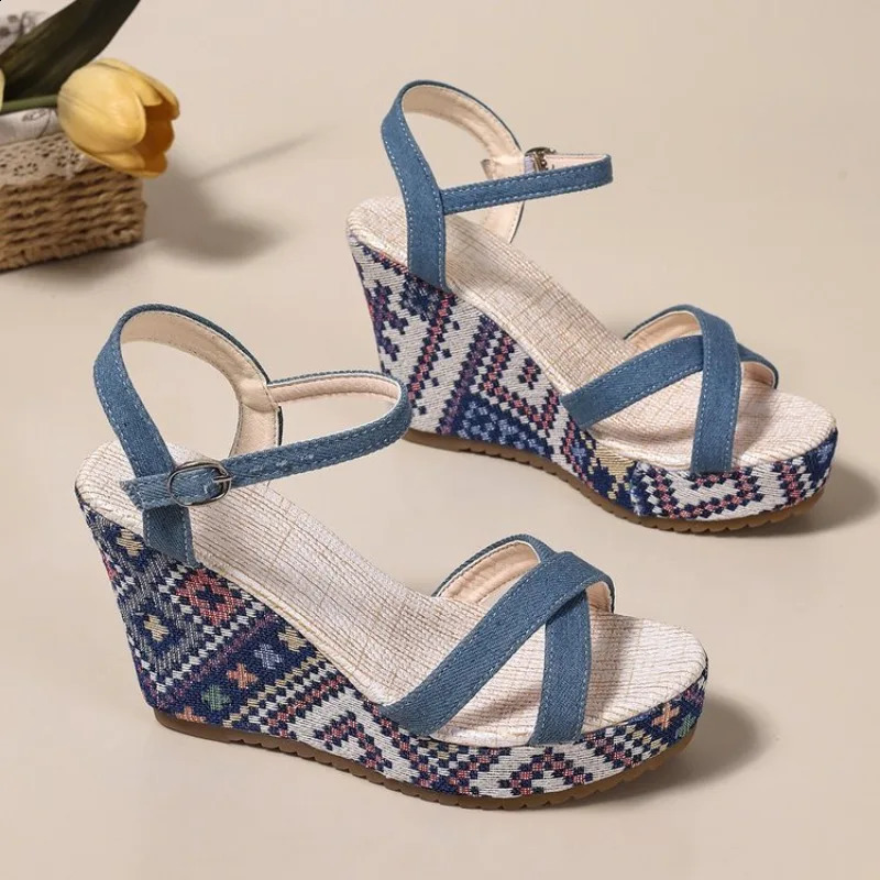Womens Sandals Summer Denim Wedge Heel Super High Bohemian Shoes Beach 260626 - view 6