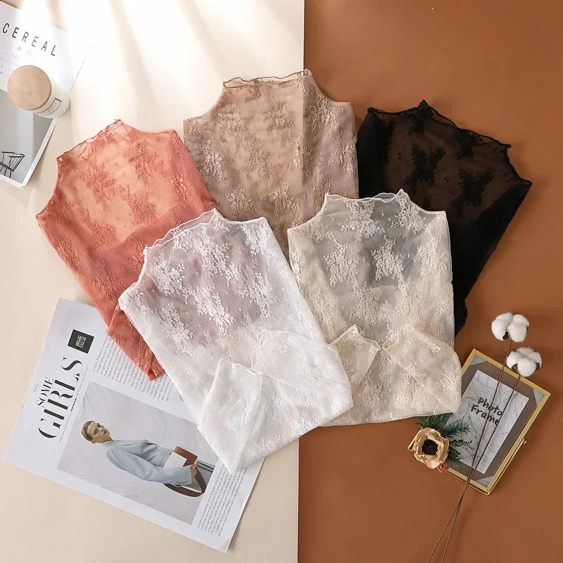Women Floral Lace Shirt Spring Autumn Long Sleeve Sexy Mesh Bottoming Shirts Mock Neck Blouse T-Shirt Pullover Top 260626 - view 4