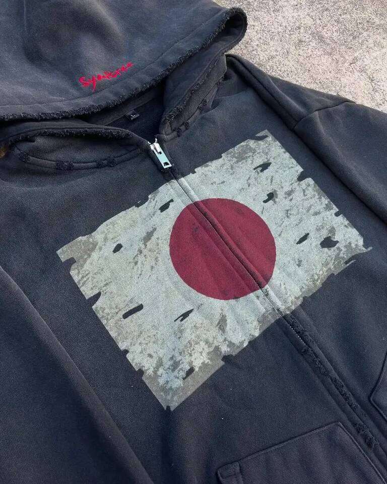 Black Japanese streetwear European youth fashion pullover men's city casual hooded Harajuku Korean Y2K hiphop printed sweatshirt W260626