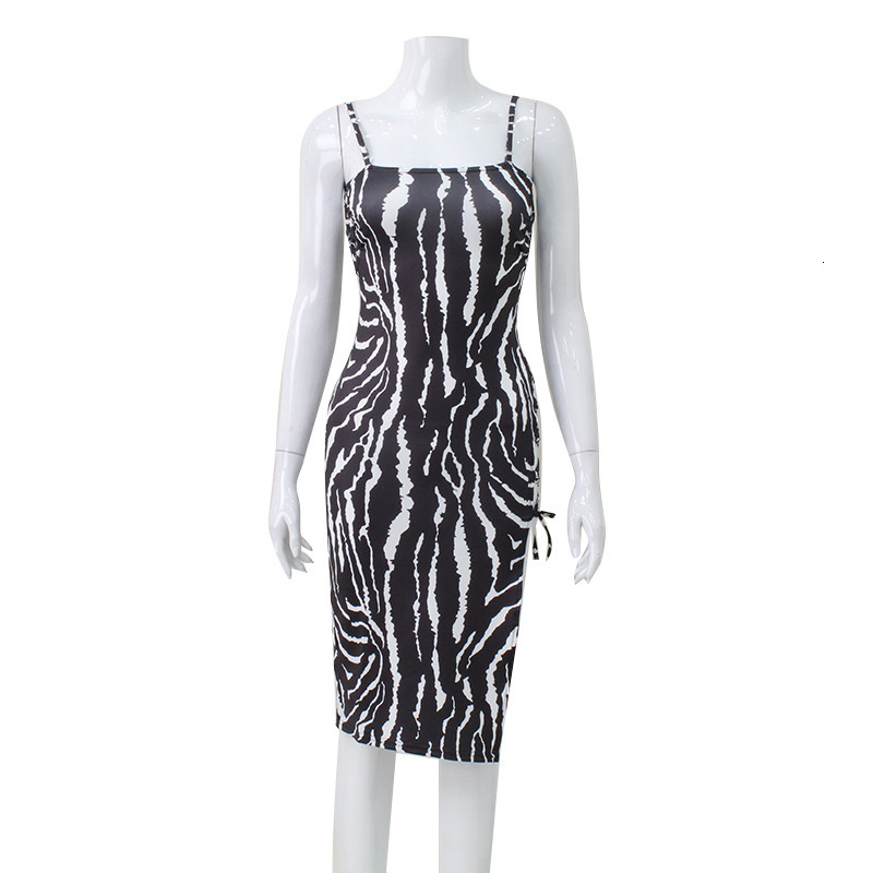 Womens Vacation Split Dress Womens Zebra Print One Shoulder Slit Tie Thin Strap Trendy Sexy Gown For Women Daily Beach Picnic Party Outfits - view 5