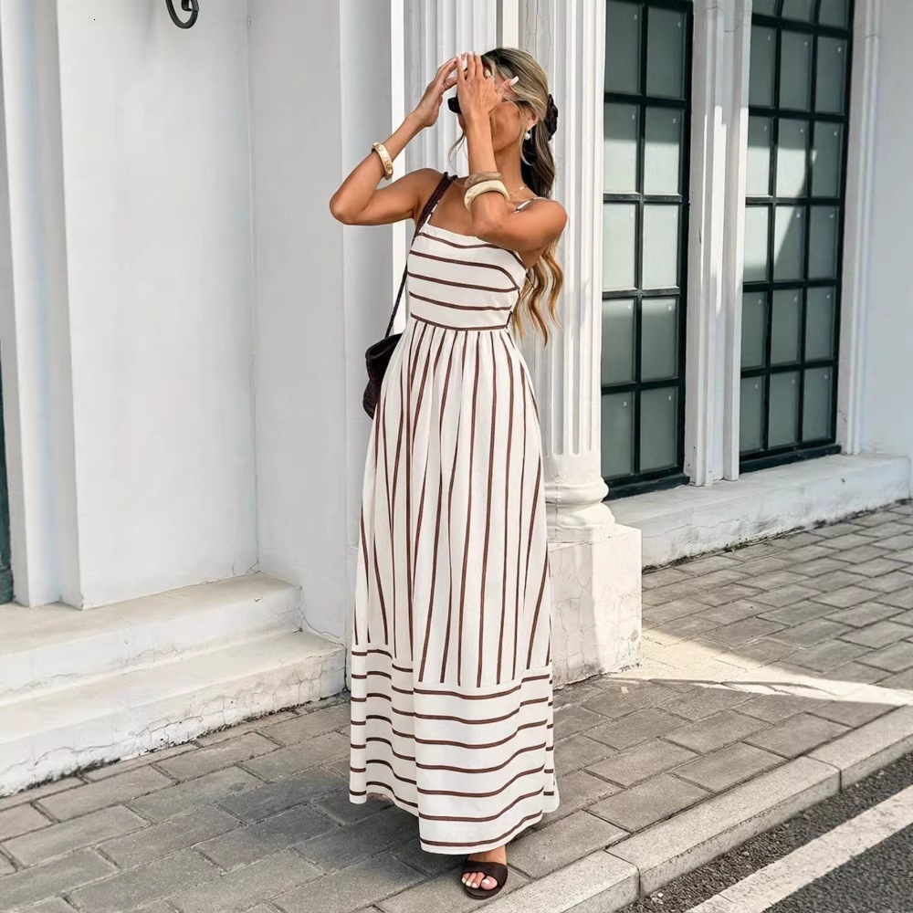 New womens French-style resort-style long dress with striped straps casual vacation dress - view 4