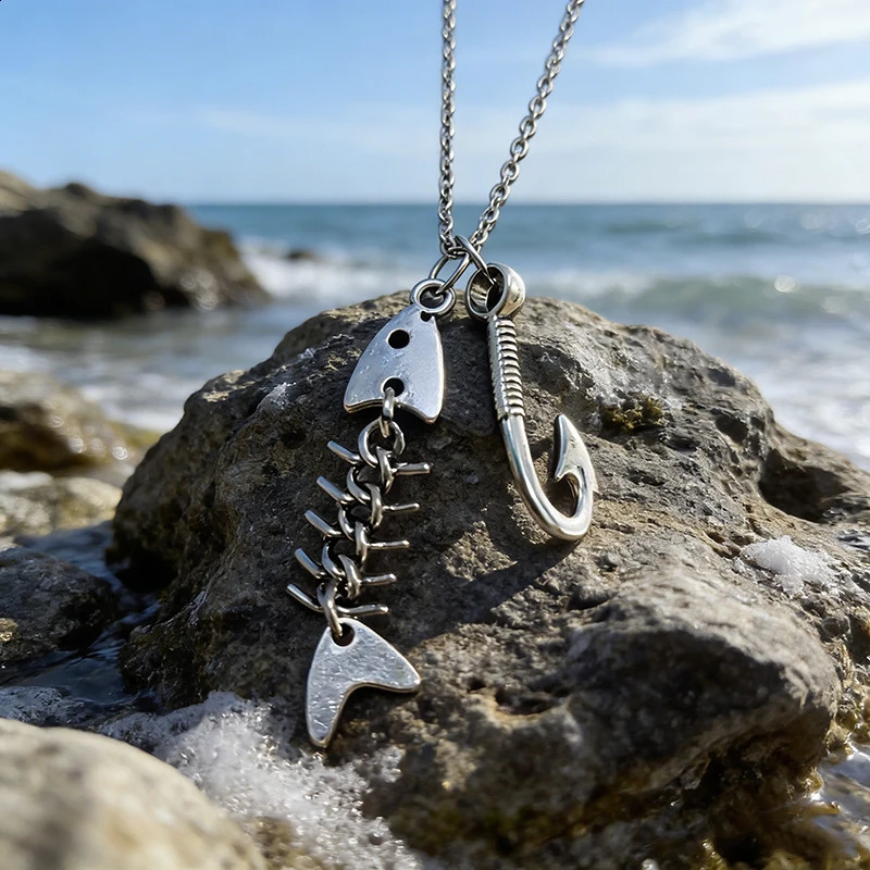 Personalized and creative fishbone and hook pendant necklace a gift for holiday parties and fishing enthusiasts 260626