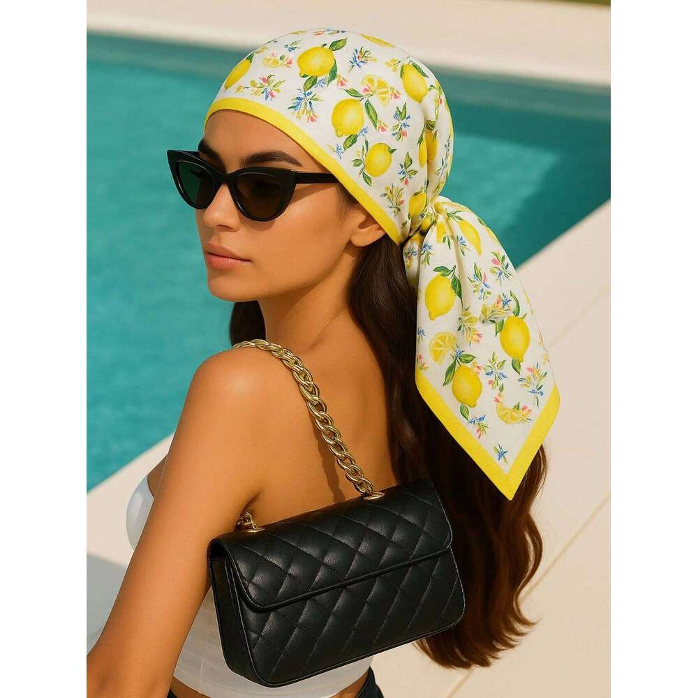 Summer Beach Yellow Lemon Print Silk Hijab Scarf Women Neck Ties Sunscreen Decorate Neckerchief 70*70cm Square Scarves 26Y06226