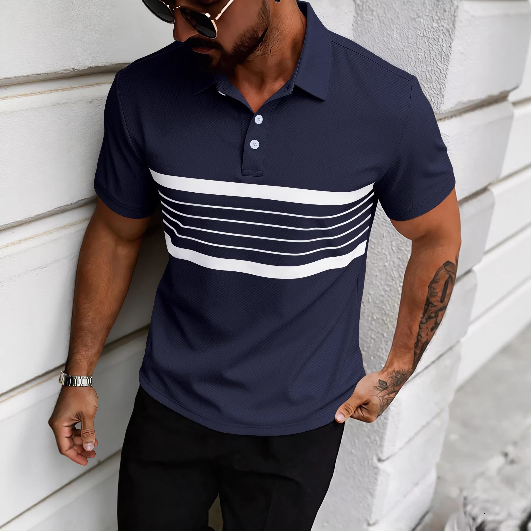 2026 New Men's Fashion Casual POLO Shirt Summer V-Neck Buttoned Striped Versatile T-Shirt