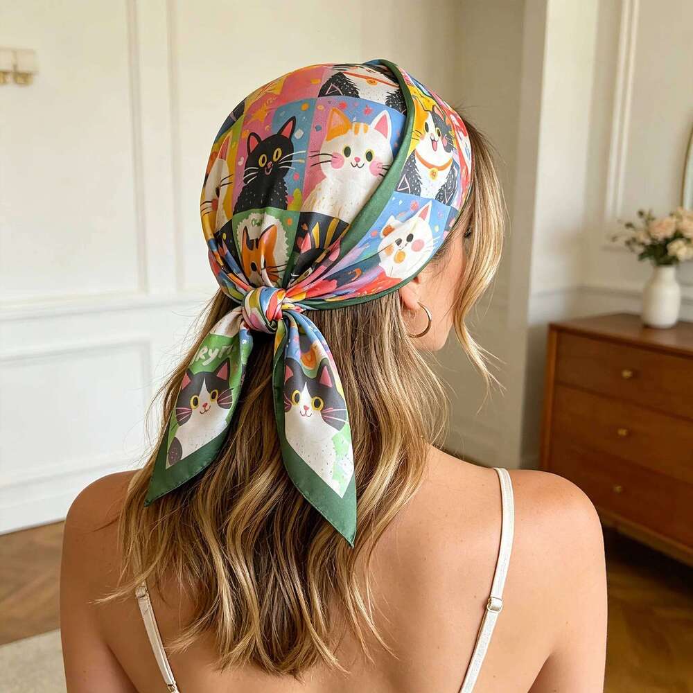 2026 New Imitation Silk Square Scarf Women Animal Cat Printed Fashion Accessories Hairband Foualrd Bandana Neckercheif 26Y06226 - view 5