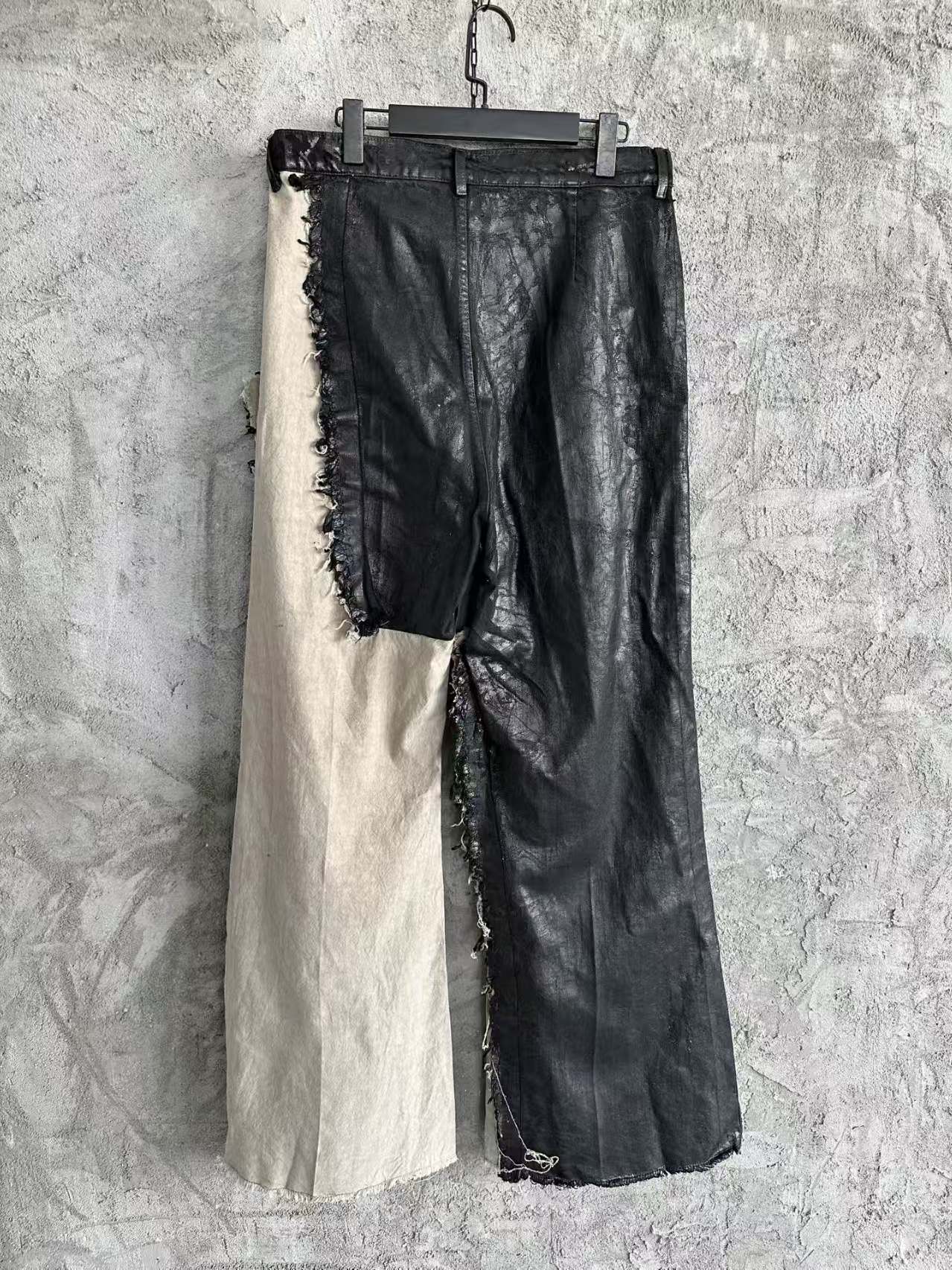 New R waxed surface color-block wide-leg pants pure cotton denim splicing casual pants O color-fast multiple washes personalized pants - view 3