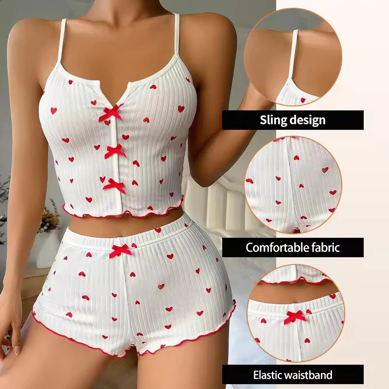 Sexy Sleepwear Women Pajamas Set Heart Print Silk Stain VNeck Sleeveless Casual Cami Top and Shorts Sets Home Suit Loungewear 260625 - view 3