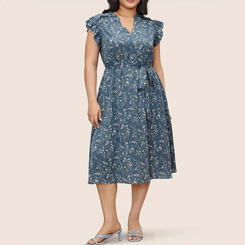 Elegant PlusSize Womens VNeck Sleeveless Floral Print Dress with Ruffle Pockets Belt Decoration Casual Summer 260613 - view 5