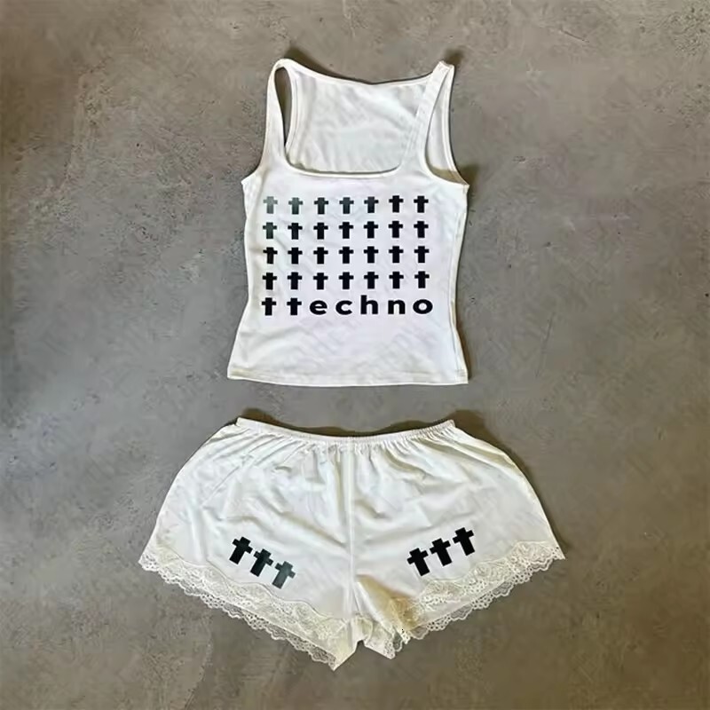 Womens Matching Outfit Set Womens Letter Print Slim Fit Vest Short Bottom Two Piece Set For Women Daily Street Club Summer Vacation Casual Outfits - view 4
