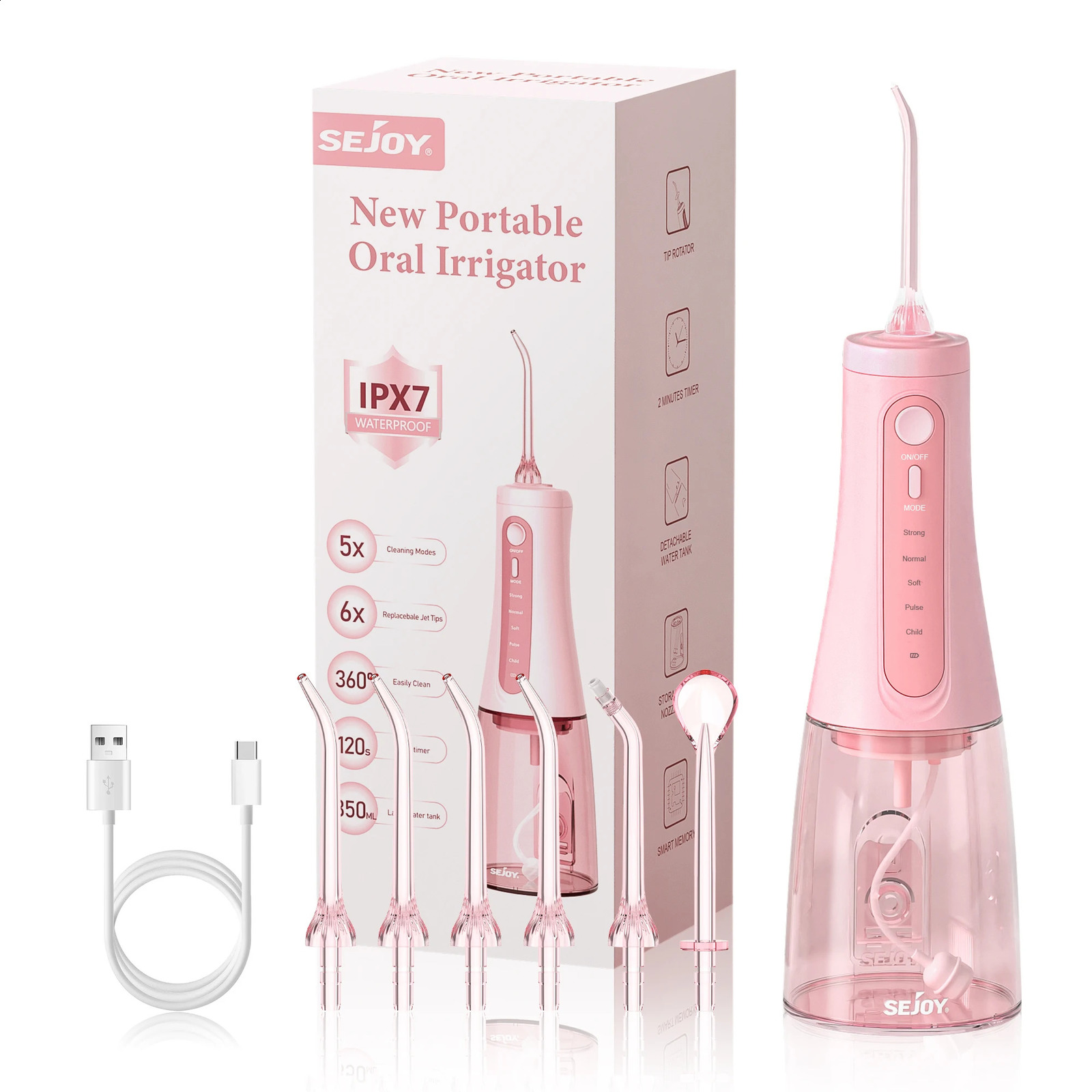SEJOY Portable Electric Dental Water Flosser Irrigator Teeth Strips 350ML Tank 5 Modes 6 Jet Tips For Home Travel 260626