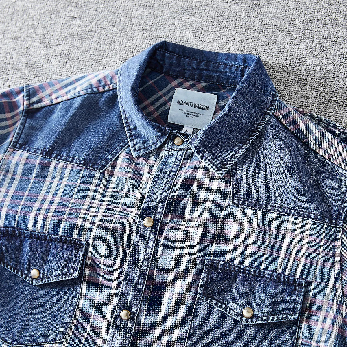 SuperAen Retro Washed Denim Patchwork 2026 Spring Fashion Plaid Casual Long-sleeved Shirt Single Breasted Shirts 260626 - view 5