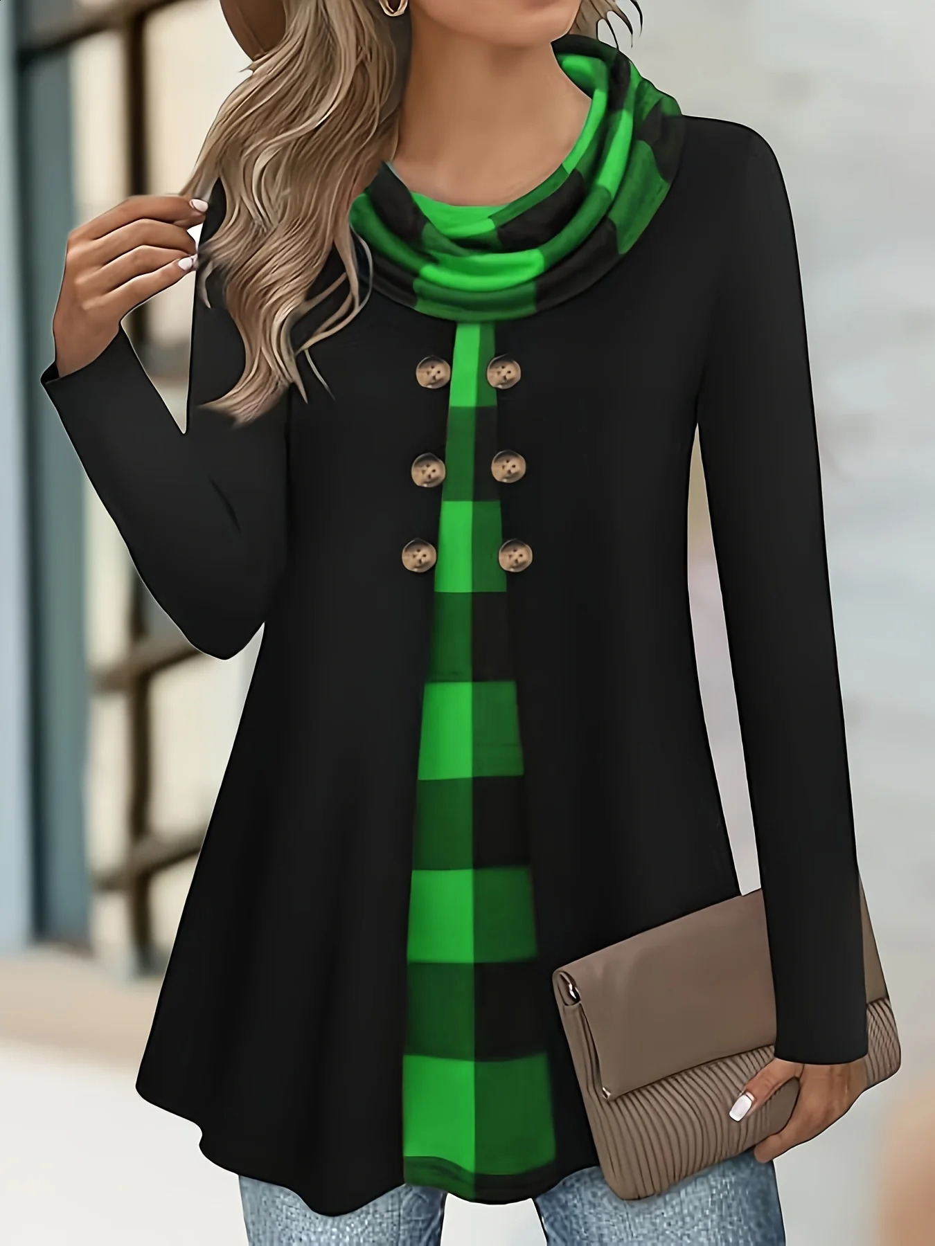 European and American fashion plaid print fake two-piece pleated scarf wild button plus size womens thin long-sleeved T-shirt 260626 - view 5