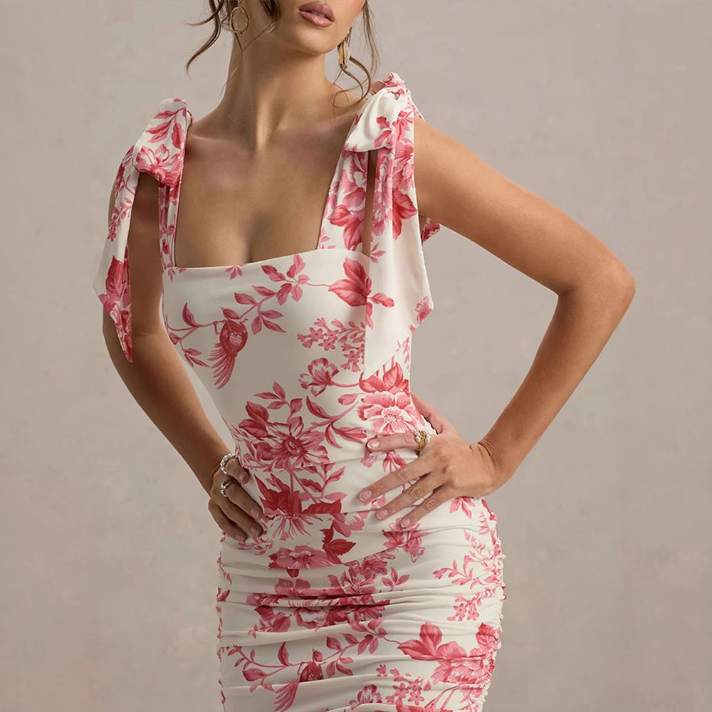 Womens Short Sleeve Mini Dress Womens Retro Printed Waist Cinch Slim Fit Summer Trend Casual Gown For Women Daily Beach Shopping Vacation Outfits - view 4