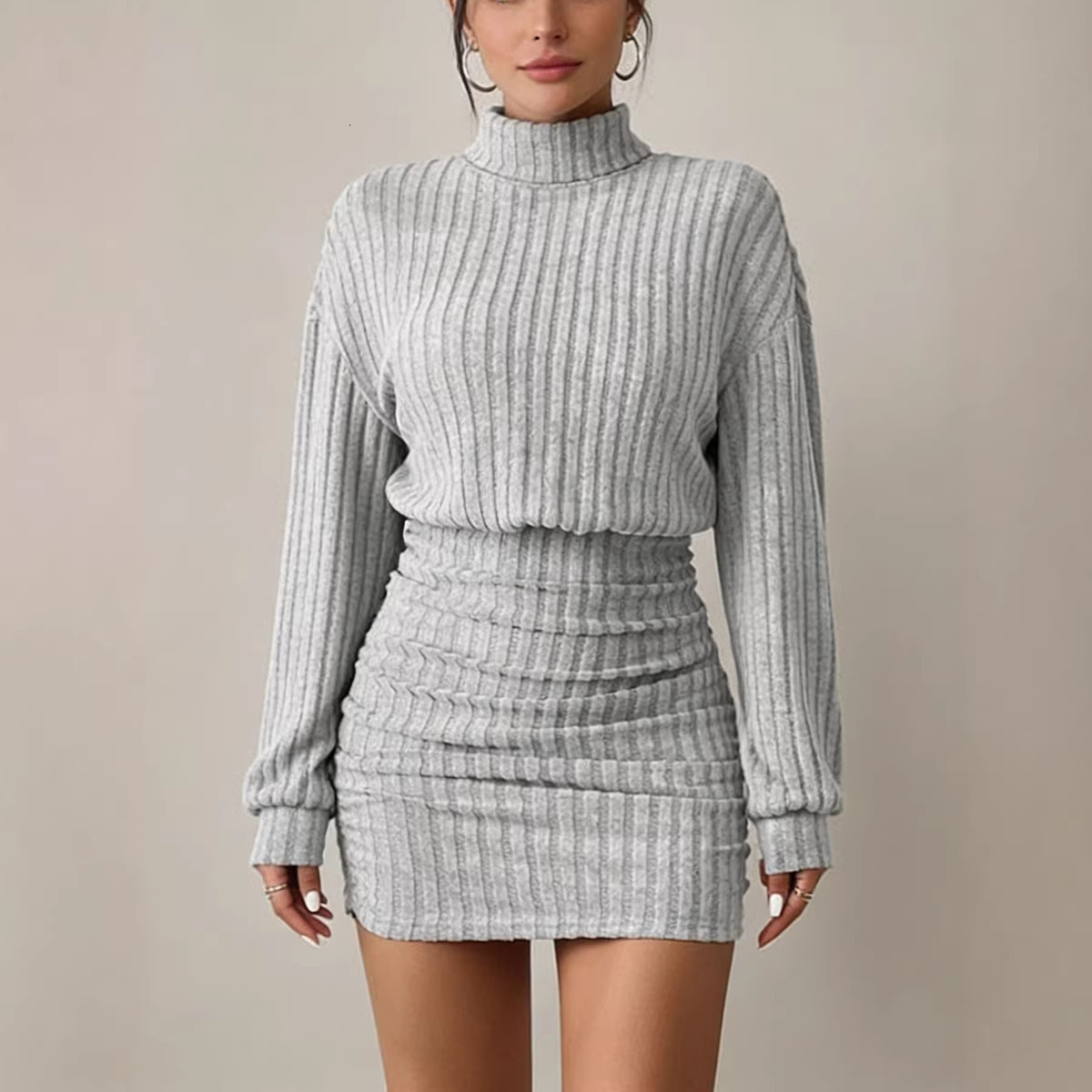 Cross-border foreign trade Amazon European American autumn and winter new style bodycon long-sleeve high-neck ribbed knit sexy dress WONST